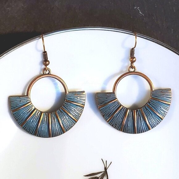 Antique Copper Verdigris Blue Green Patina Round Geometric Open Fan Earrings - Picture 1 of 7